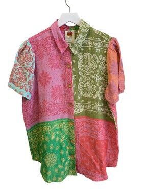 NEW Farm Rio Patchwork Surf Shirt Top XL Linen Blend Pink Green Paisley